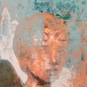 A portrait of a young boy obscured by blue and orange paint. Wired and ready to hang.