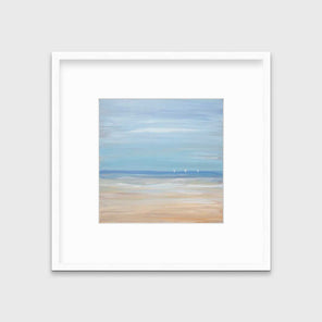 A blue, beige and white abstract seascape print with three small sailboats in a white frame with a mat hangs on a white wall.