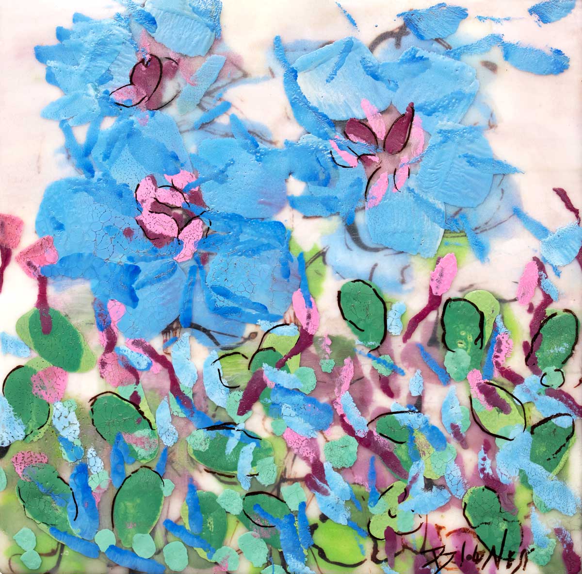 A blue, pink, green and white abstract floral print by Linda Bigness.