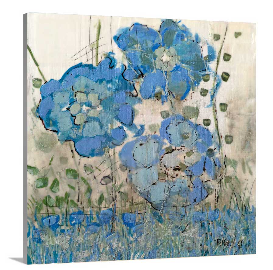 A side-angle view of a blue floral print on canvas.