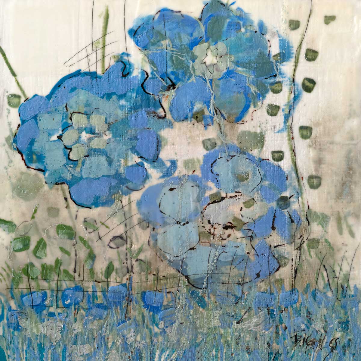 Three blue flowers with a beige and green abstracted background.