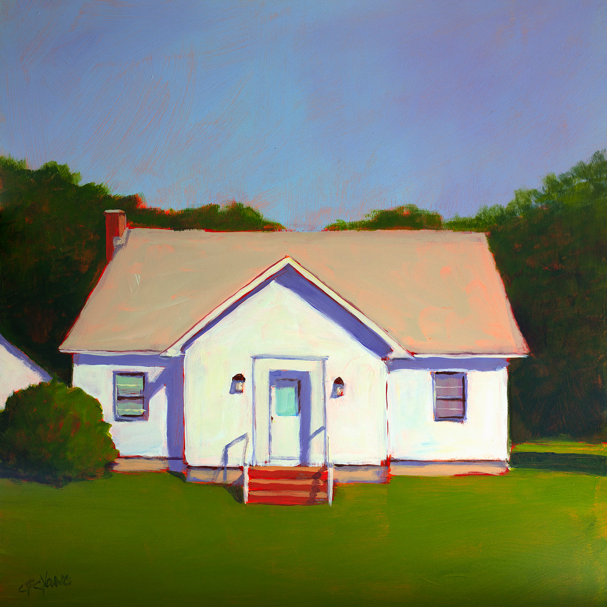 A blue, green, white and beige contemporary house print by Carol Young.