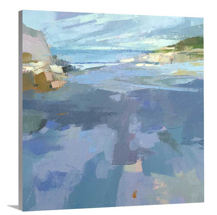 A side-angle view of a blue, purple and green abstract landscape print on canvas.