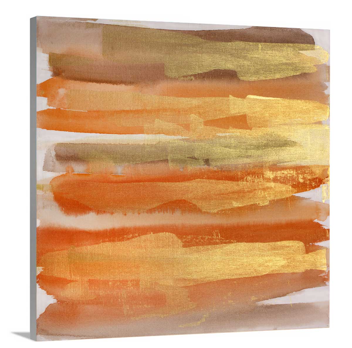 A side-angle view of a gold, orange and light brown abstract print on canvas.