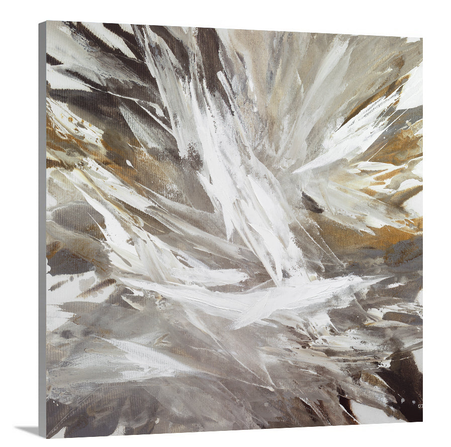 A side-angle view of a white, grey, dark grey and gold abstract print on canvas.