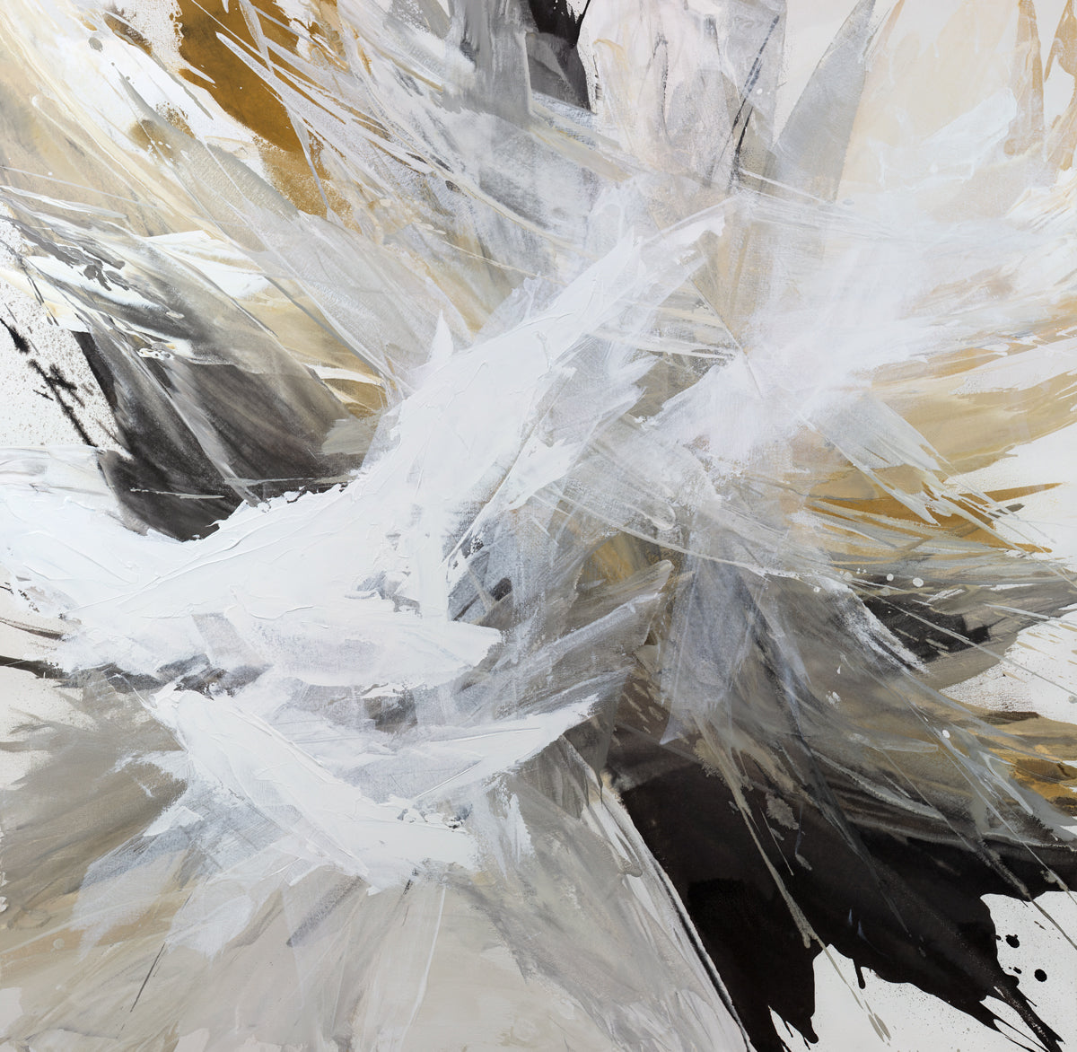 A white, black, grey and gold abstract print by Teodora Guererra.