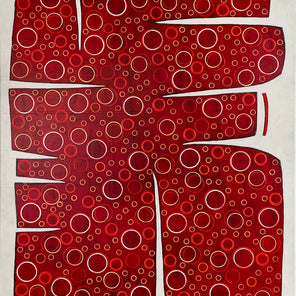 A large abstract painting of an irregular red form containing yellow and white circles. Wired and ready to hang.