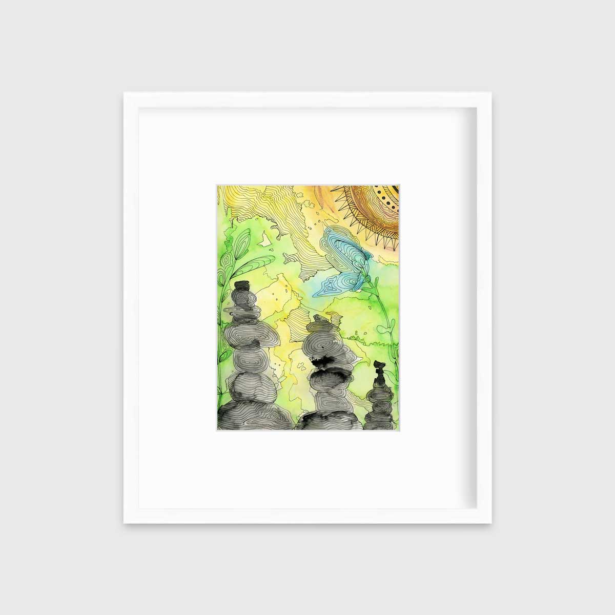 A green, yellow, and black illustration print in a white frame with a mat hangs on a white wall.