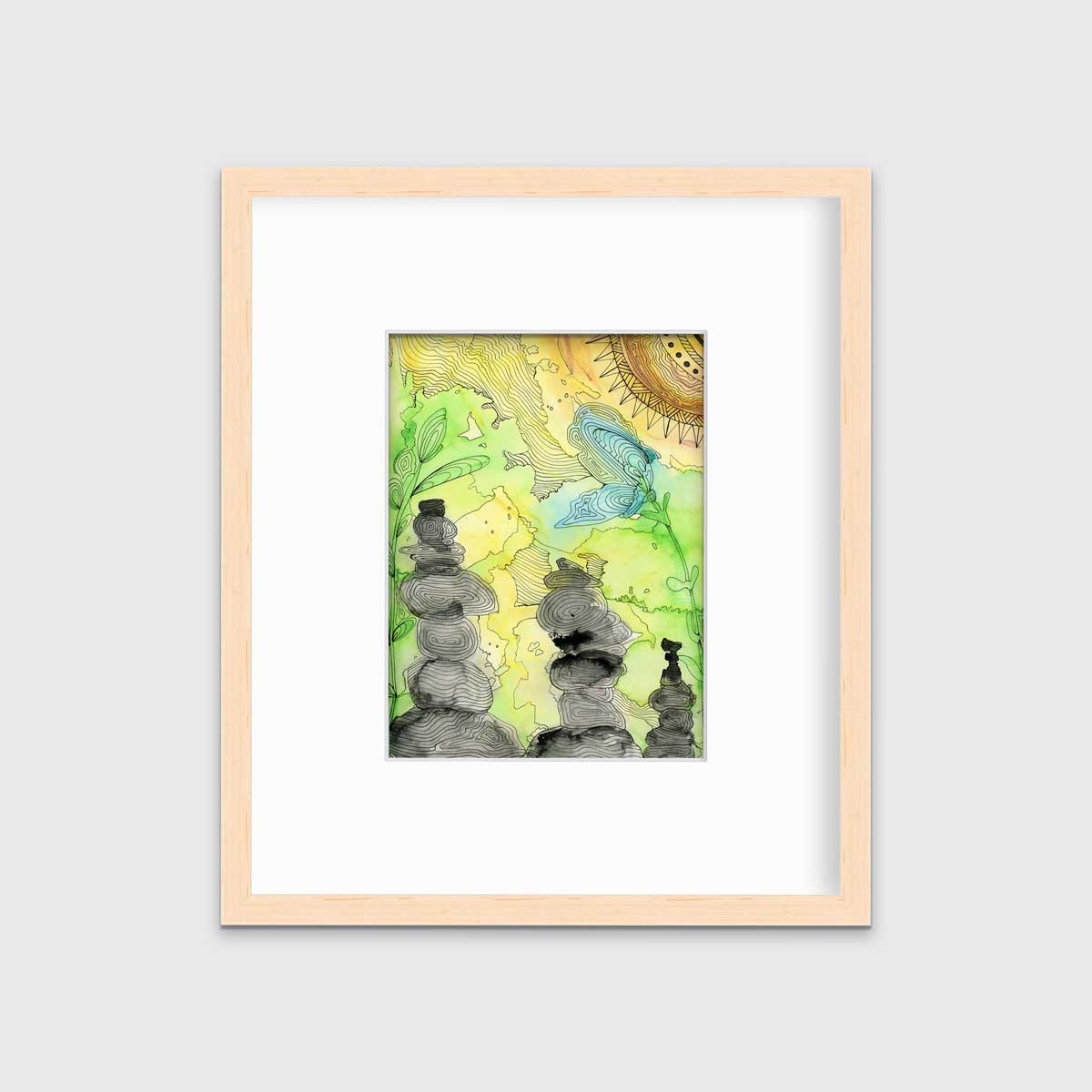 A green, yellow, and black illustration print in a natural wood frame with a mat hangs on a white wall.