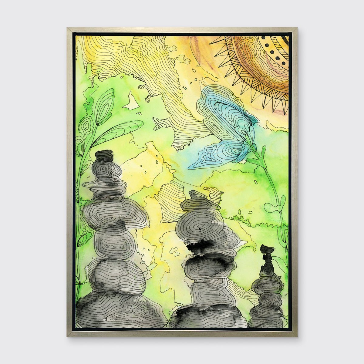 A green, yellow, and black illustration print by Melissa Kircher, framed in a warm silver frame, hangs on a light grey wall.