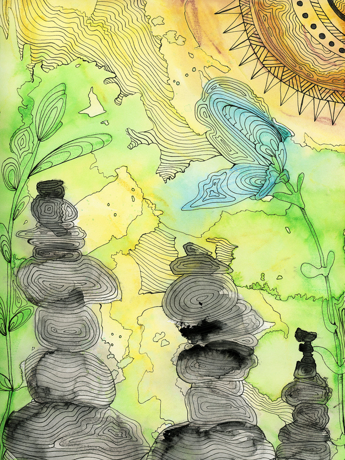 A green, yellow, and black illustration print by Melissa Kircher.