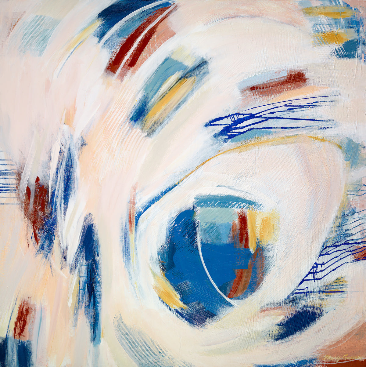 An abstract expressionist painting with varying textures and layers of colors creating movement throughout the work.