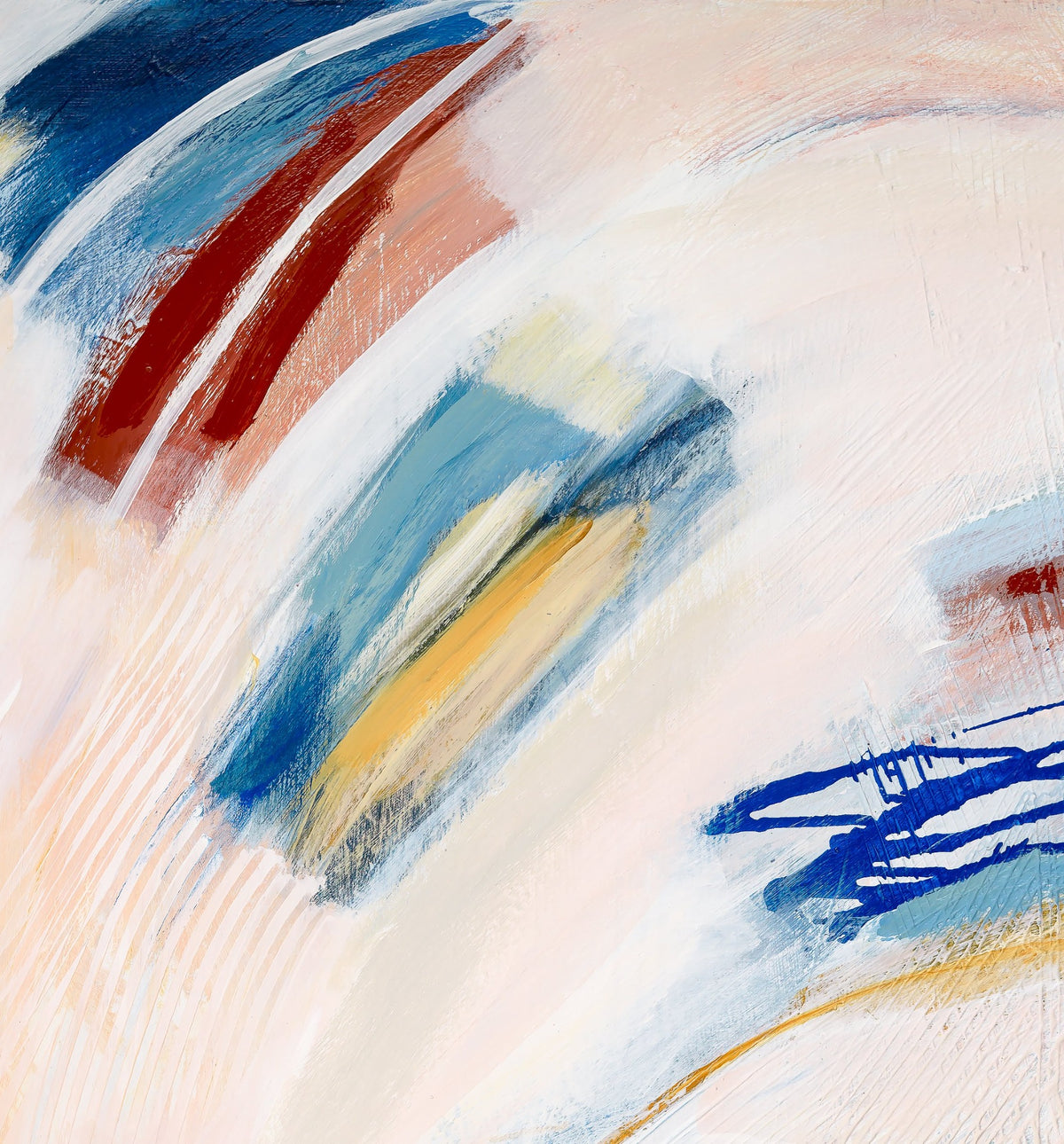 A close up detail of Mary Gaspar's painting, Touch, with layers of white, blue, yellow, and red.