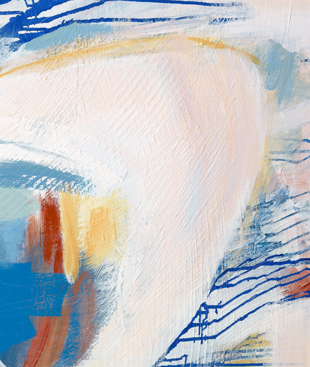 A close up detail of Mary Gaspar's painting, Touch, with layers of white, blue, yellow, and red.