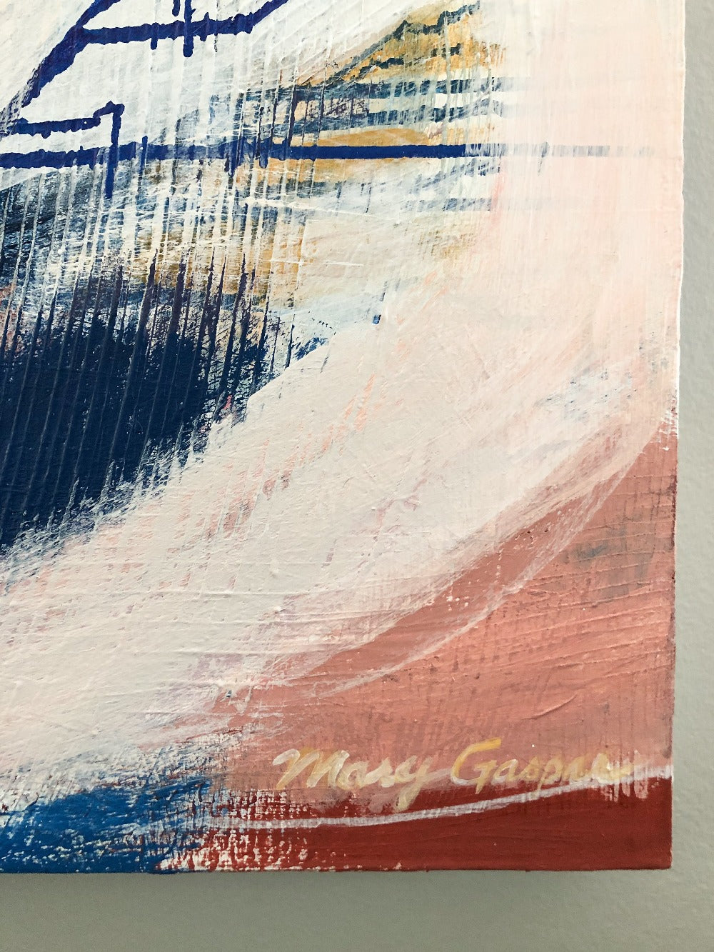 A close up detail of the bottom right hand corner of Mary Gaspar's painting, Touch.