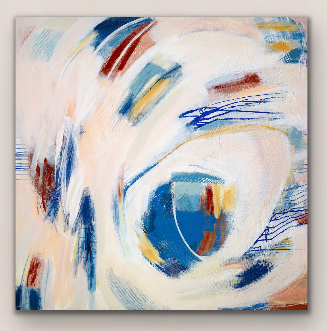 Mary Gaspar's painting, Touch, hanging on a white wall. 