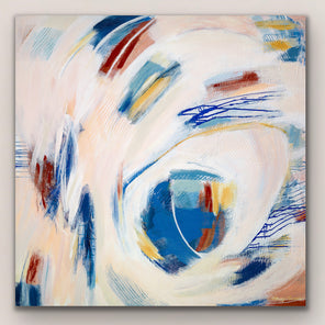 Mary Gaspar's painting, Touch, hanging on a white wall. 