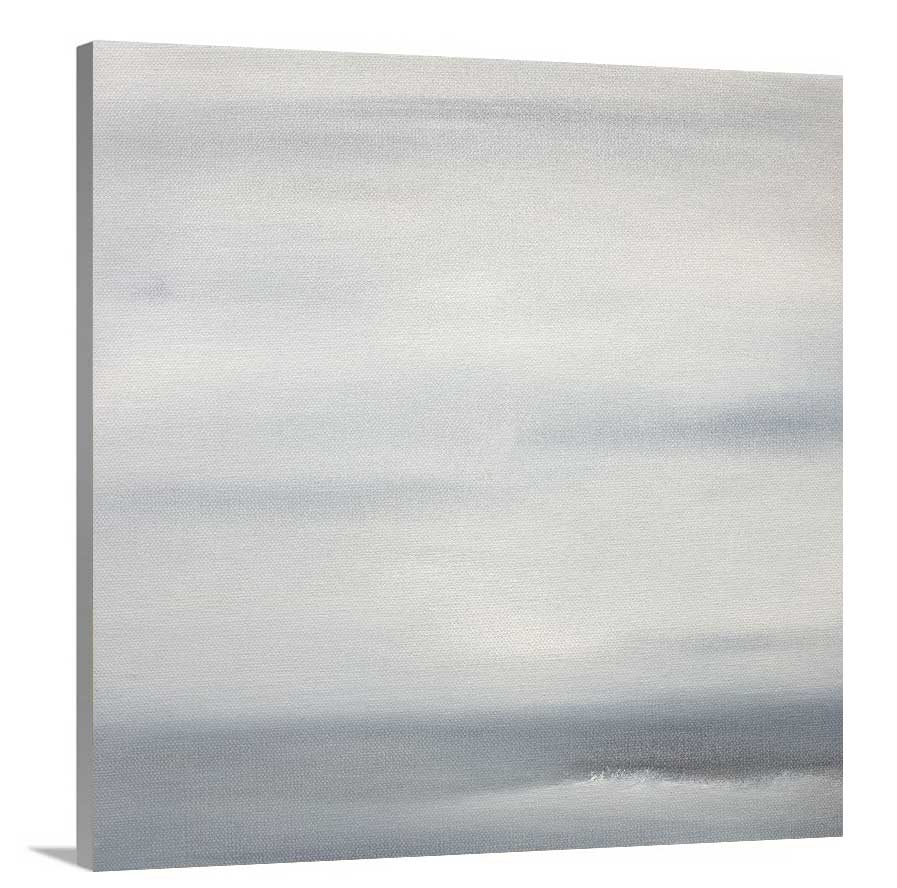 A side-angle view of a tonal grey print on canvas.
