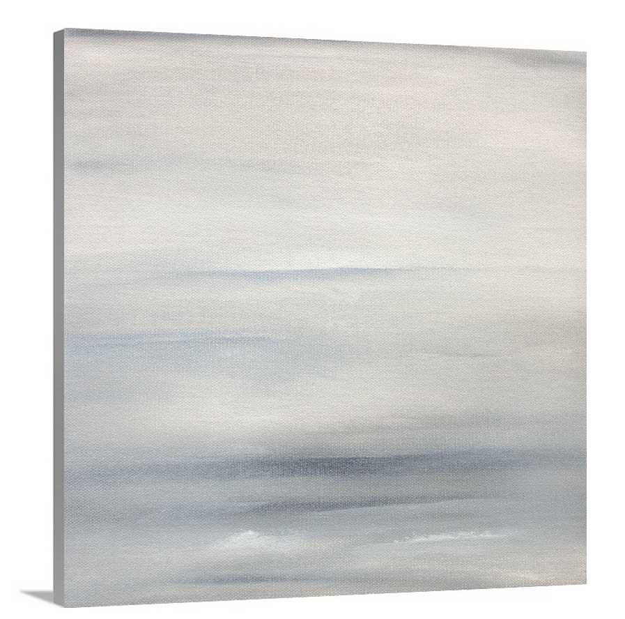 A side-angle view of a tonal grey abstract print on canvas.