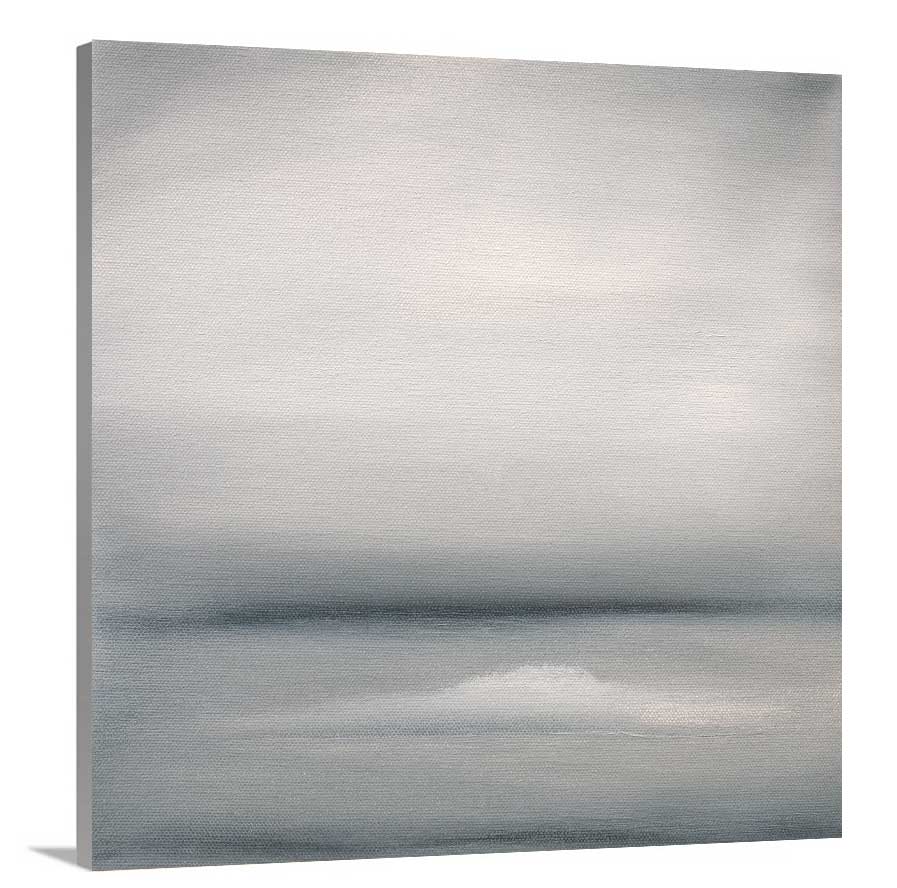 A side-angle view of a tonal grey abstract print on canvas.