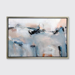 A blue, light pink and white abstract print in a silver floater frame hangs on a white wall.