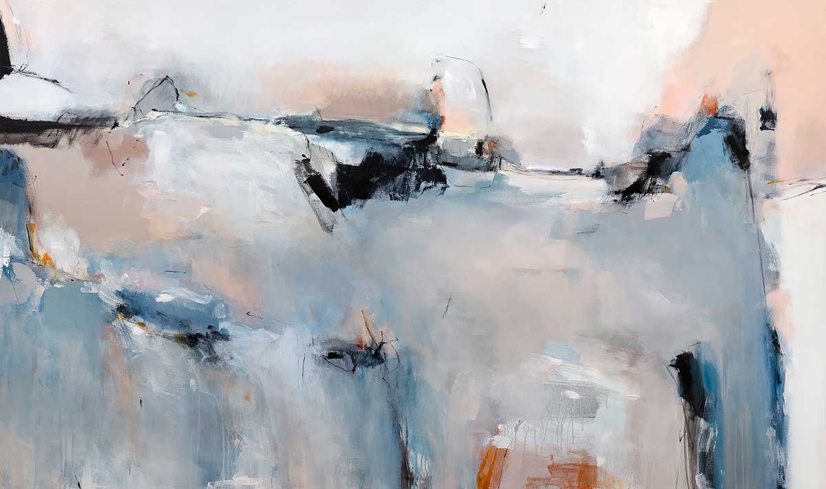 A blue, light pink and white abstract print by Kelly Rossetti with black accents.