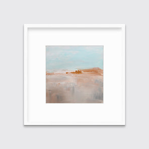 A teal, copper and dusty pink abstract print in a white frame with a mat hangs on a white wall.