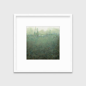 A dark muted green abstract landscape print in a white frame with a mat hangs on a white wall.