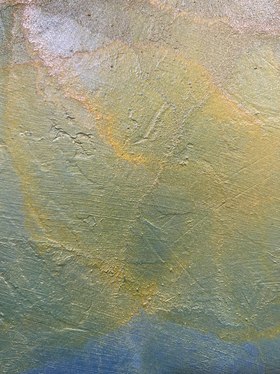 A close up detail image of the yellow spheres in Roger Mudre's painting. 