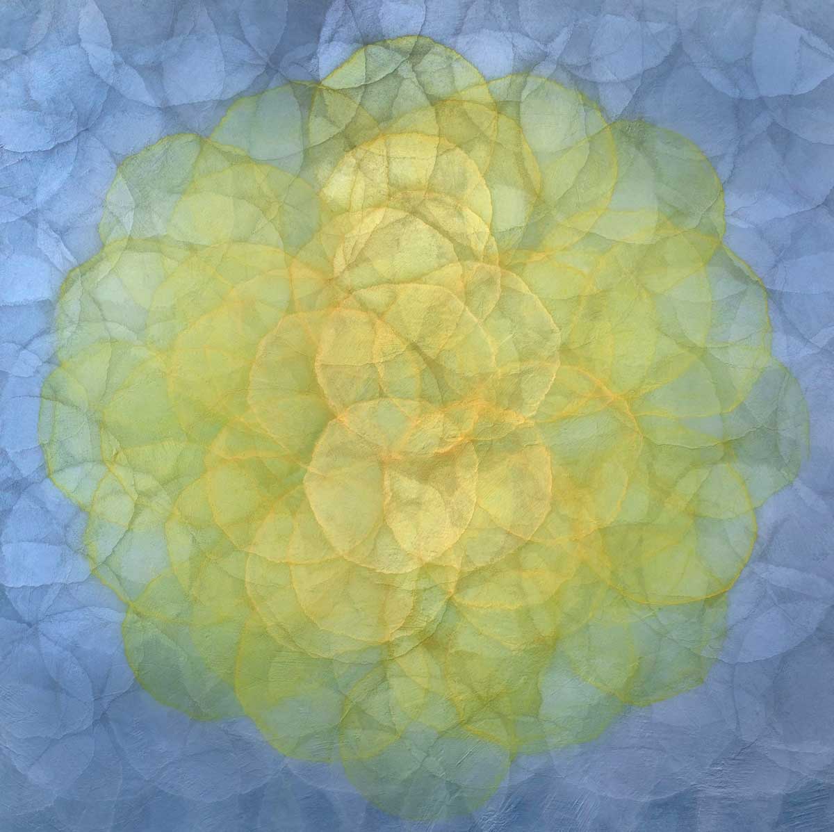 A blue and yellow abstract geometric painting by Roger Mudre. 