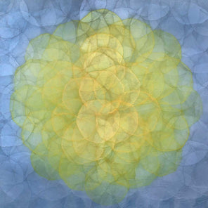 A blue and yellow abstract geometric painting by Roger Mudre. 