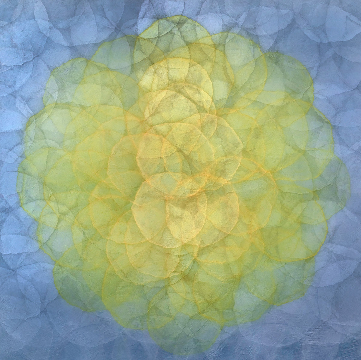 A blue and yellow abstract geometric print by Roger Mudre.