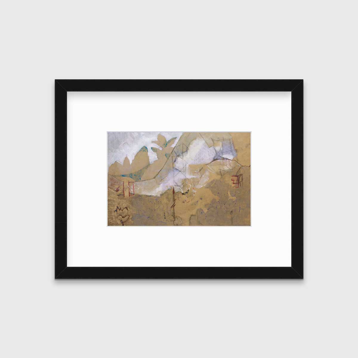 A dark gold and grey abstract print in a black frame with a mat hangs on a white wall.