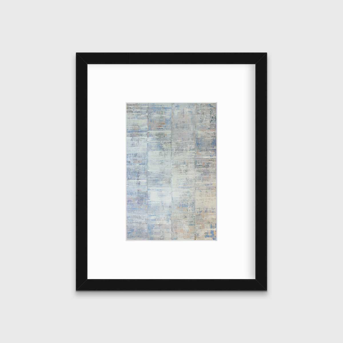 A white and blue abstract print in a black frame with a mat hangs on a white wall.