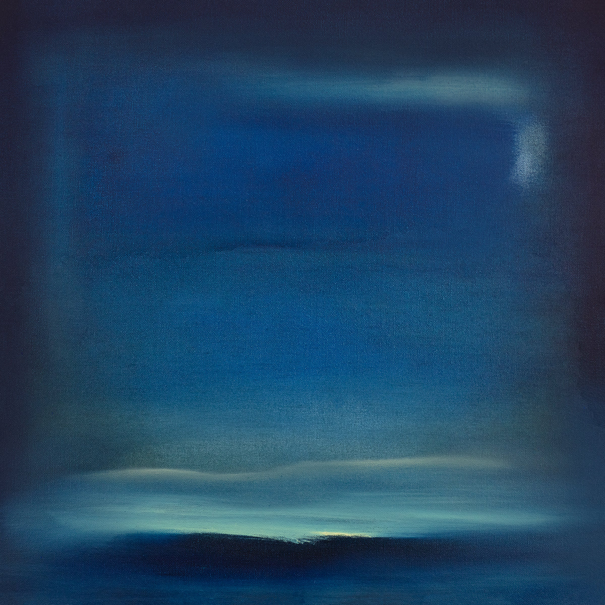 A dark blue and teal with accents of light yellow abstract print by Tony Iadicicco.