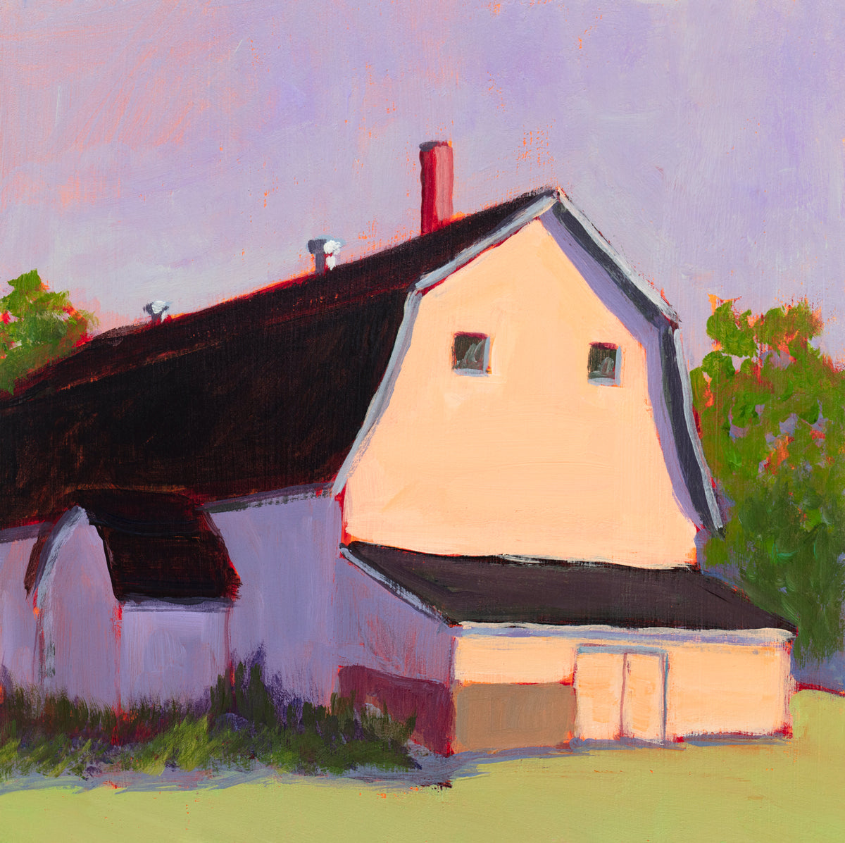 A print of a beige barn, a lavender sky, green bushes and trees and a light green foreground by Carol Young.