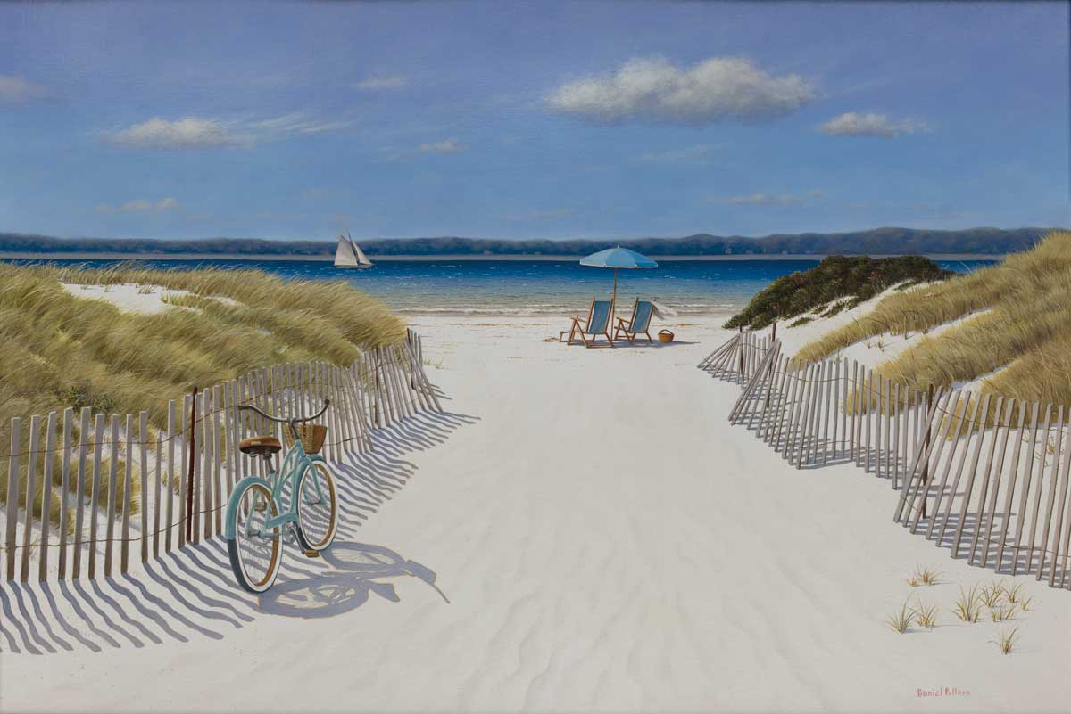 A blue, beige and light green contemporary seascape print by Daniel Pollera.