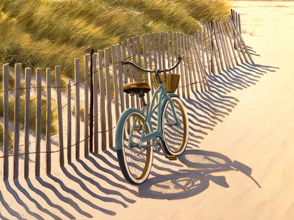 "Two O'Clock Breeze" Detail image of the bicycle parked on one side of the beach path.  