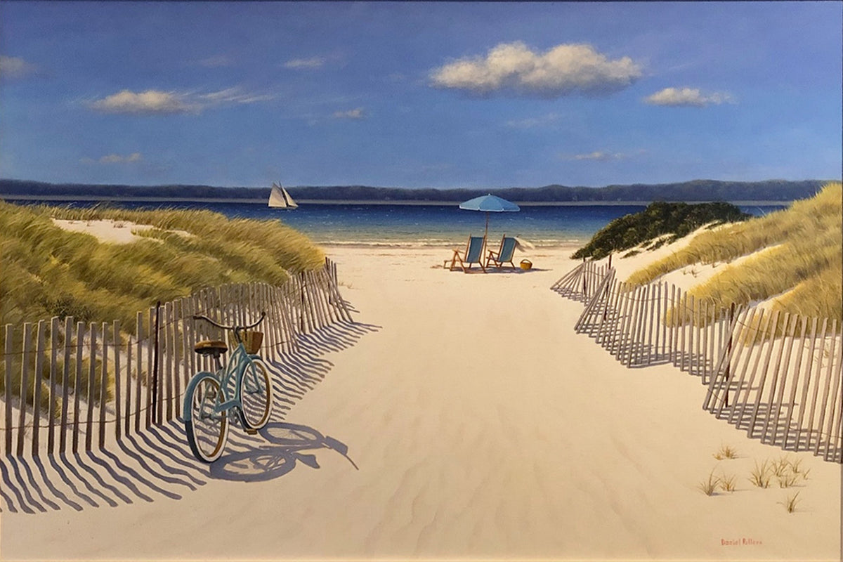 A contemporary realist painting of a beach entrance on either sides of the entrance are rolling dunes. The path opens up to a beach with soft sand, where someone has set up two blue beach chairs with a matching umbrella. Off in the distance is a lone sailboat.