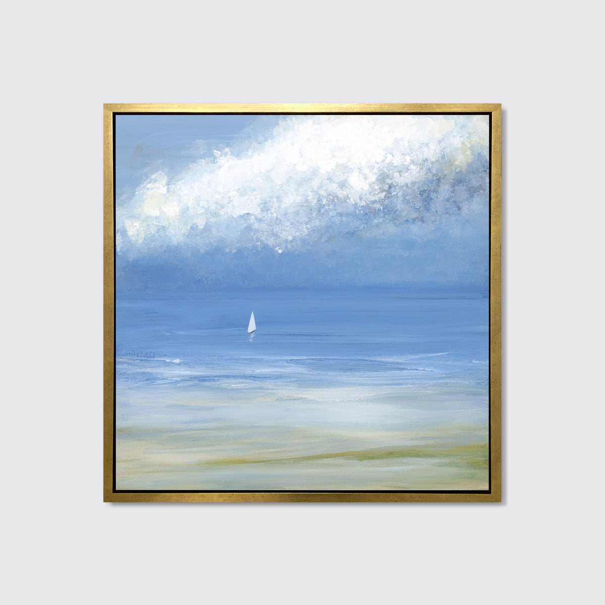 A blue, light green and white abstract seascape print with a small sailboat in a gold floater frame hangs on a white wall.