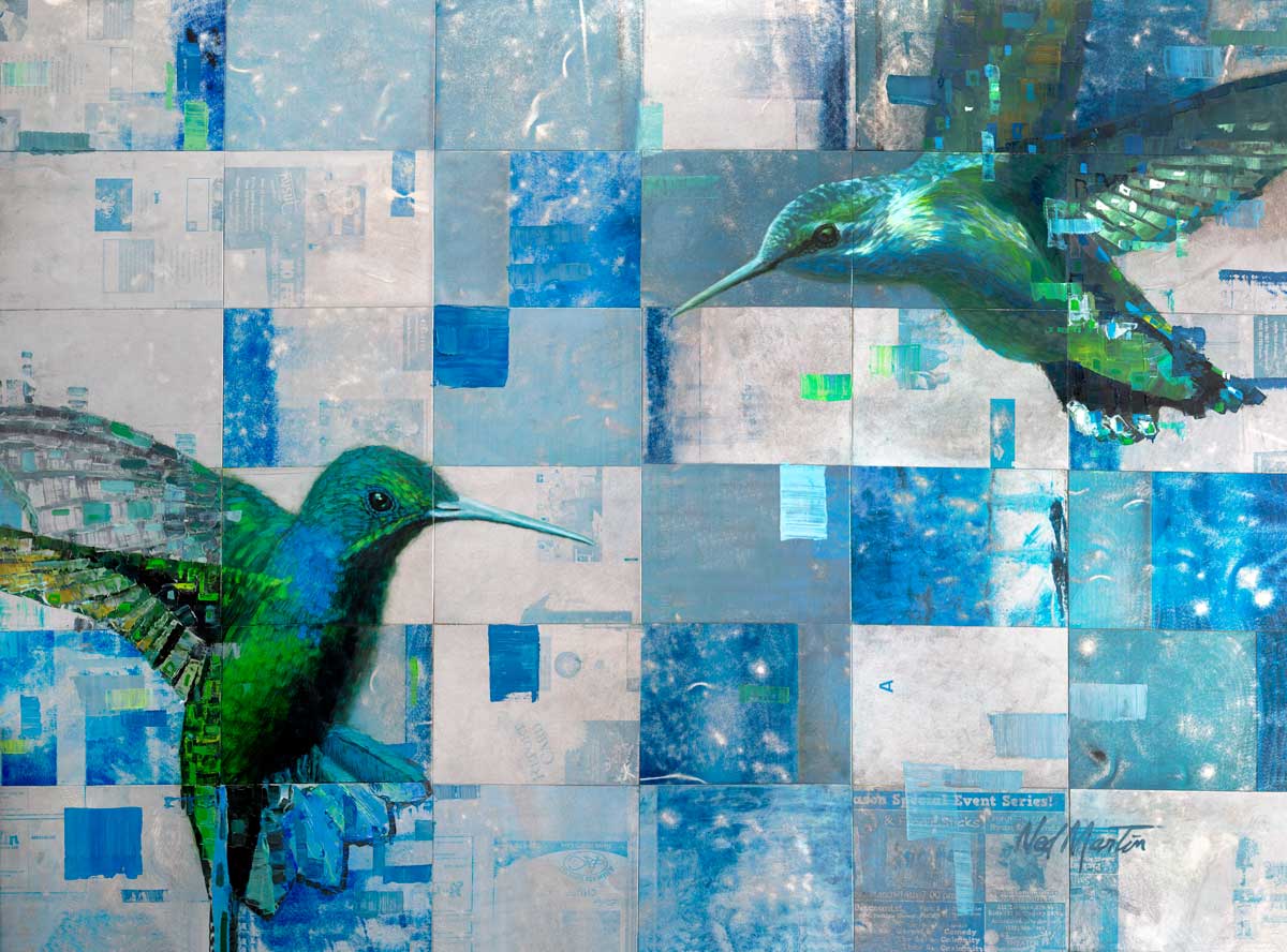 An abstract painting of two green and blue humming birds.  The humming birds are painted on thin sheets of silver and blue metal that have been put together to create a grid pattern. 