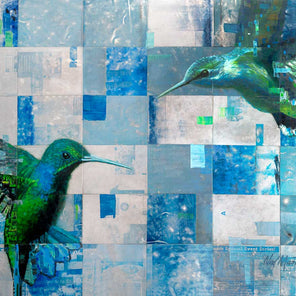 An abstract painting of two green and blue humming birds.  The humming birds are painted on thin sheets of silver and blue metal that have been put together to create a grinded pattern. 