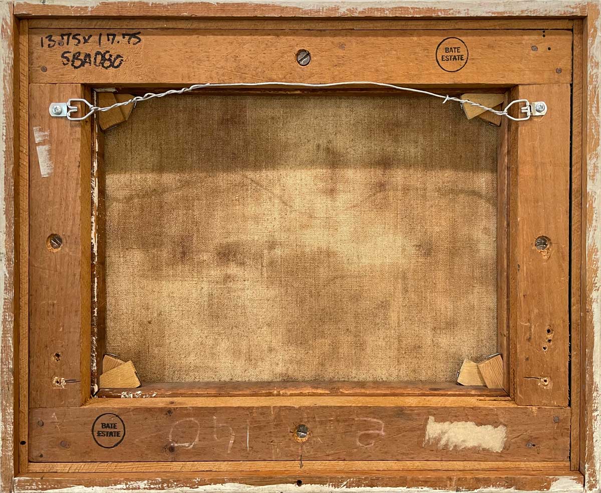 The back of the painting with the Bate Estate seal and the hanging wire.