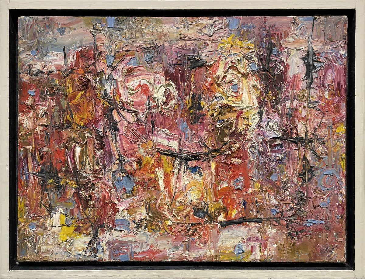 A multicolored abstract painting in a white floater frame.