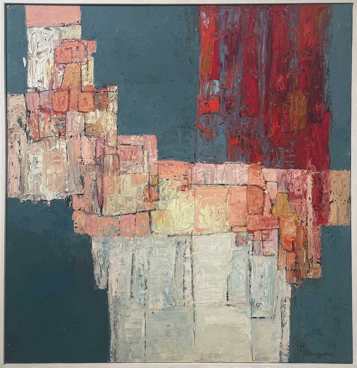A dark teal, red, pink and white abstract painting in a white frame.