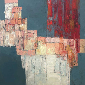 A red, dark teal, pink and white abstract painting by Stanley Bate.