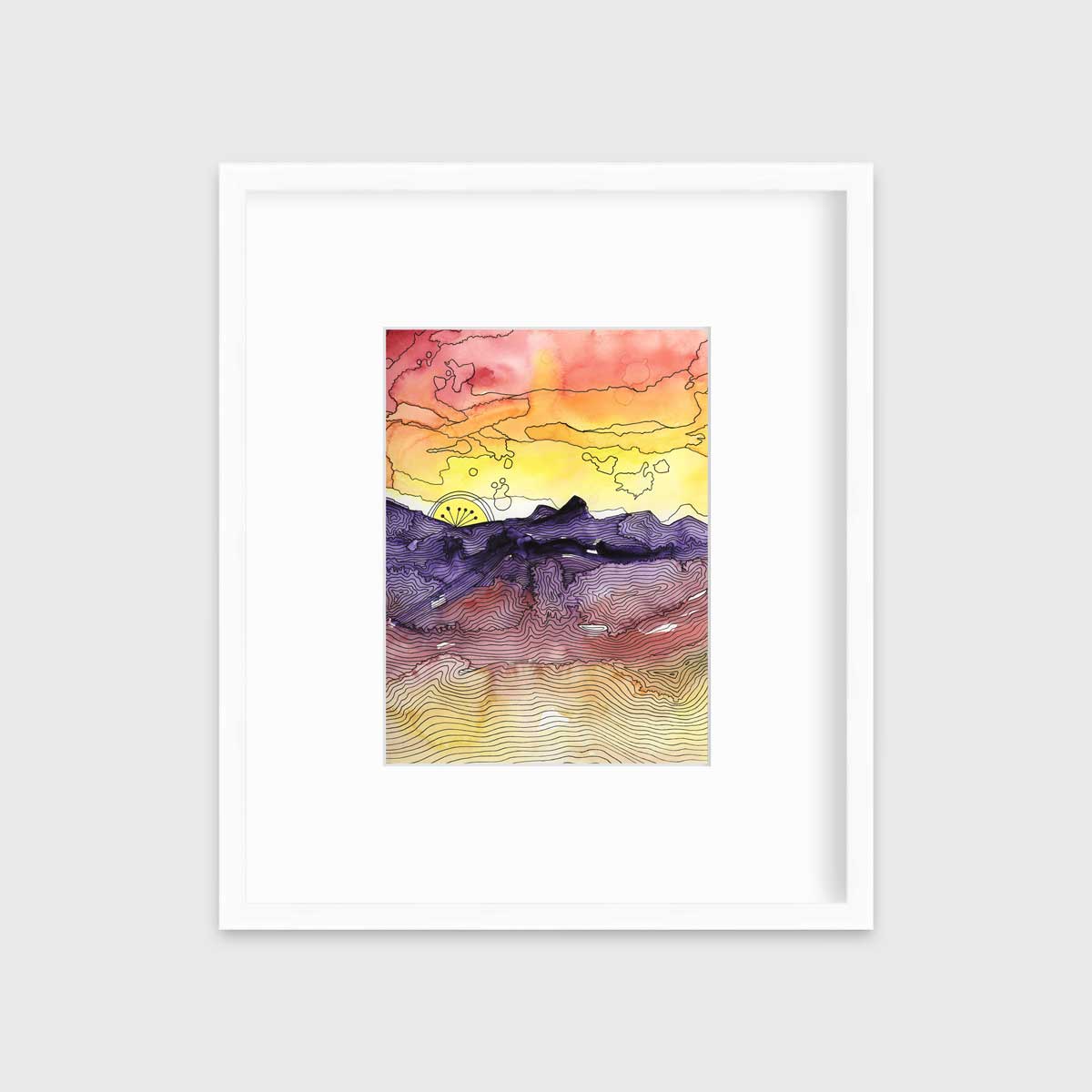 A red, orange, yellow, purple and black abstract landscape print in a white frame with a mat hangs on a white wall.