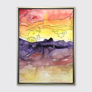 A red, orange, yellow, purple and black abstract landscape print in a silver floater frame hangs on a white wall.
