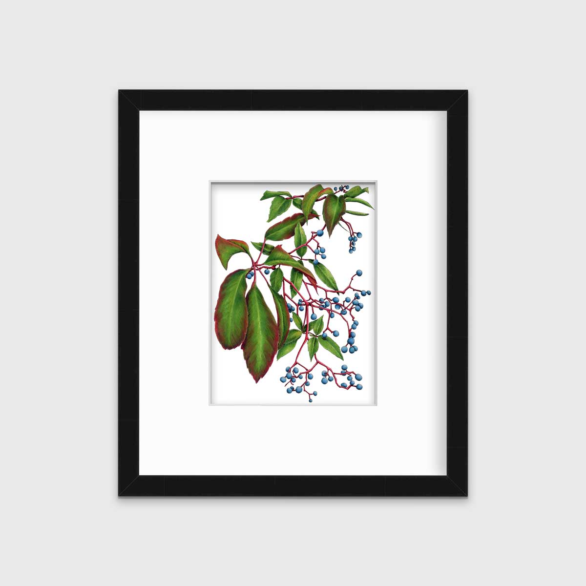 A green plant print with blue berries in a black frame with a mat hangs on a white wall.
