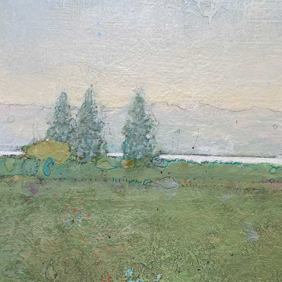 A close up view of green grass, abstract trees and light blue sky.
